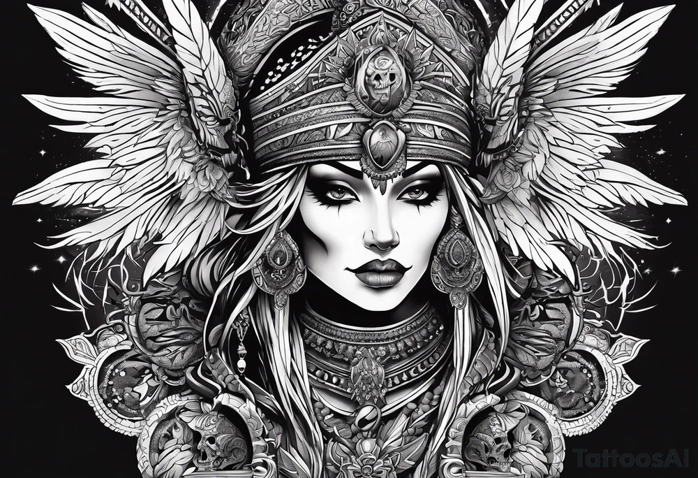 black kali, goddess pirate, alien, pachamama, valkrye, warrior, skull, lotus azul, wing, eagle, zenza resonance, stars, 5D tattoo idea