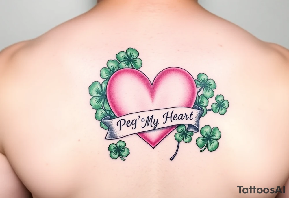 Bunch of Green shamrocks with a big pink heart and a banner across the heart that says " Peg 'o My Heart" tattoo idea