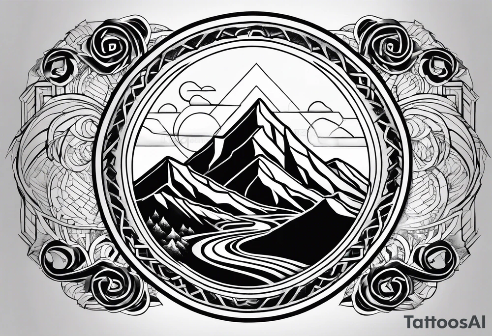 A geometric half sleeve with a mountain peak and a Triskelion tattoo idea