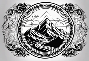 A geometric half sleeve with a mountain peak and a Triskelion tattoo idea