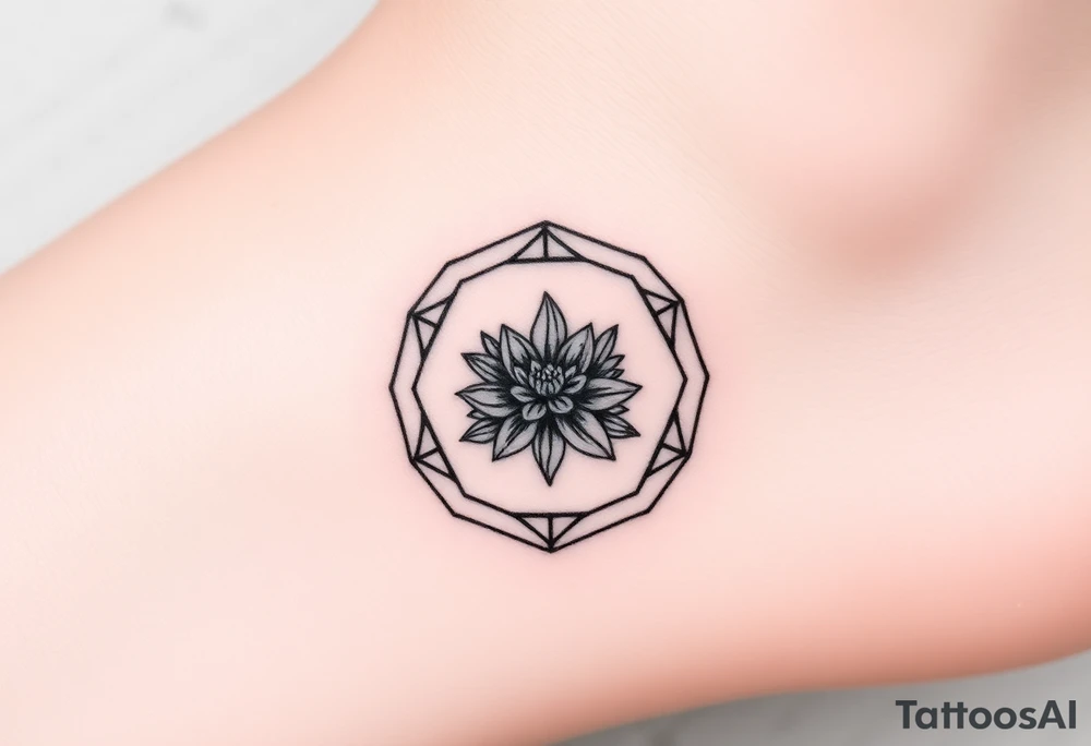 Hexagon with astrological sign for Leo, larkspur and water lilies in the center tattoo idea
