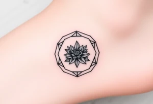 Hexagon with astrological sign for Leo,  larkspur and water lilies in the center tattoo idea