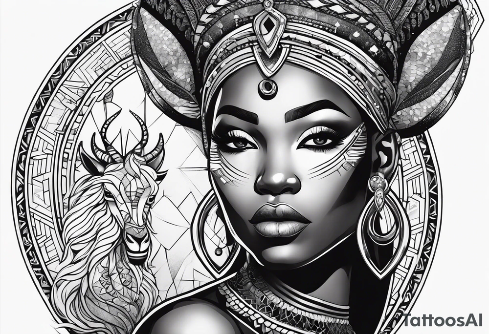 African deities, fierce queen , capricorn , numerology tattoo idea