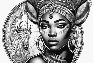 African deities, fierce queen , capricorn , numerology tattoo idea