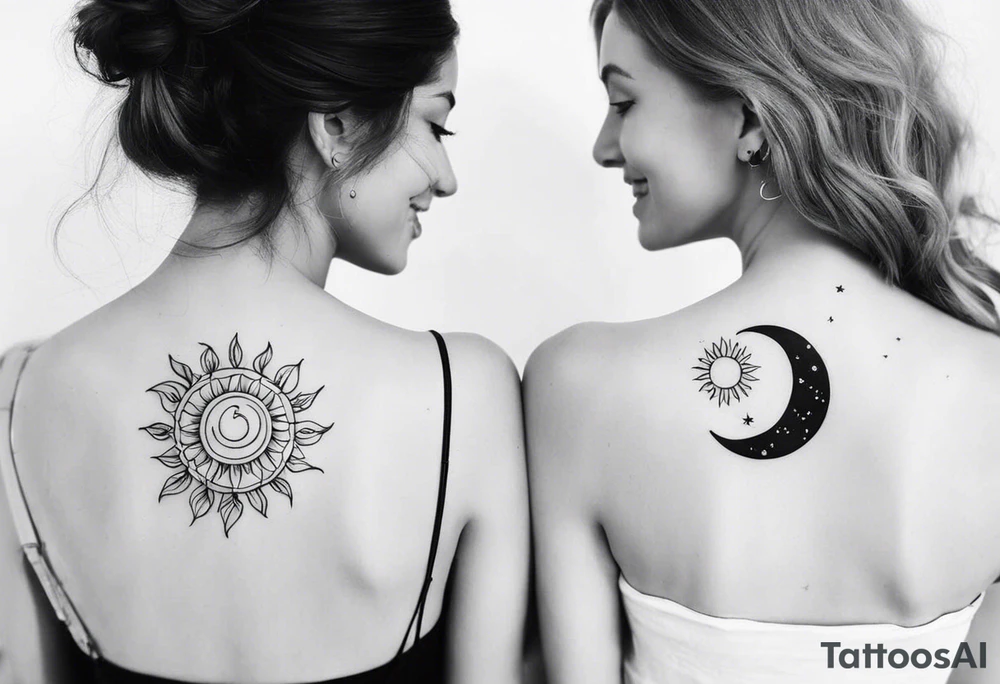 Matching friend tattoos, moon and sun, floral, vines, tiny and minimal, for side of rib tattoo idea