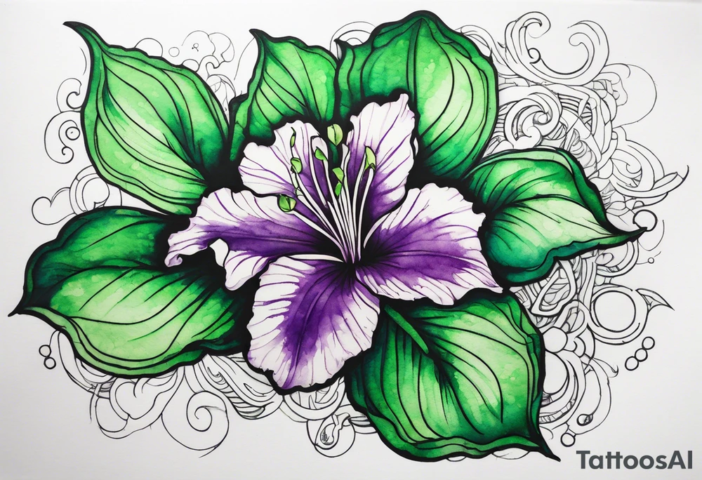 An outline of a green and purple rio dipladenia flower with a mystical green/purple watercolor splash in the background tattoo idea