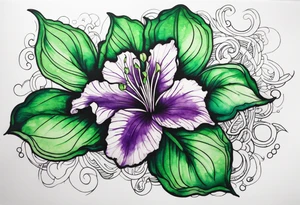 An outline of a green and purple rio dipladenia flower with a mystical green/purple watercolor splash in the background tattoo idea