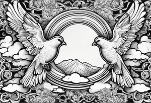 religous arm sleeve with doves clouds tattoo idea