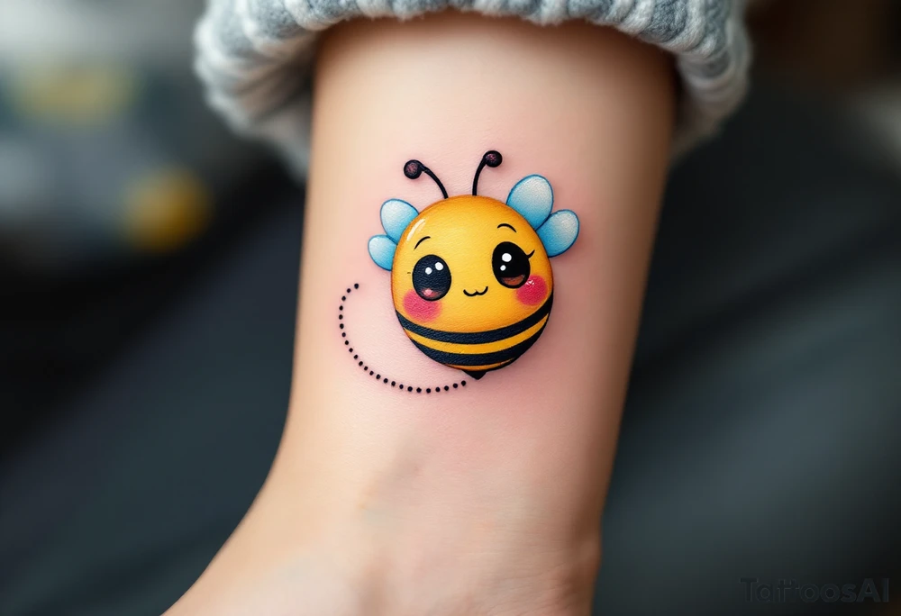 A cute bee tattoo with a plump, round yellow-and-black striped body, tiny white wings with a soft blue shimmer, big glossy black eyes, blushing pink cheeks, and a tiny dotted flight trail curling playfully behind it. tattoo idea