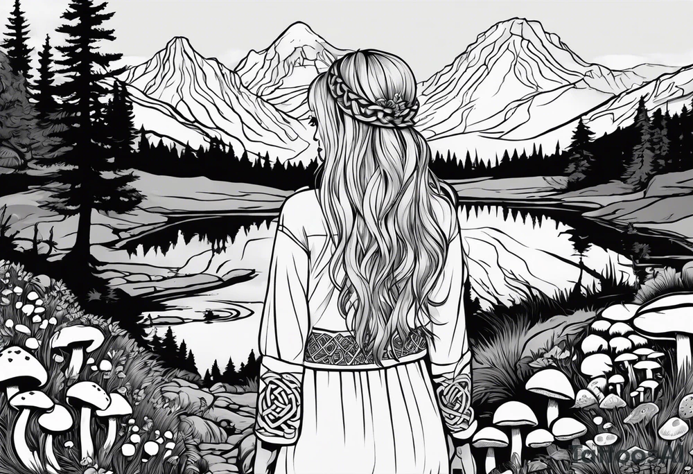 Whole picture encircled fully

Straight long blonde hair hippie girl in distance holding mushrooms in hand facing away toward mountains and creek surrounded by mushrooms long sleeve shirt and hiking pants; whole rendering within a full celtic circle border, no cut off circle tattoo idea