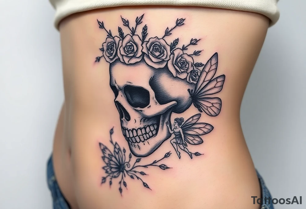 A night of the dead  skull adorned with crown of wild roses and thorns with a beautiful fairy with a young fairy following behind tattoo idea