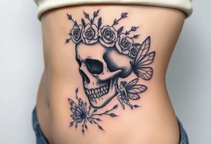 A night of the dead  skull adorned with crown of wild roses and thorns with a beautiful fairy with a young fairy following behind tattoo idea