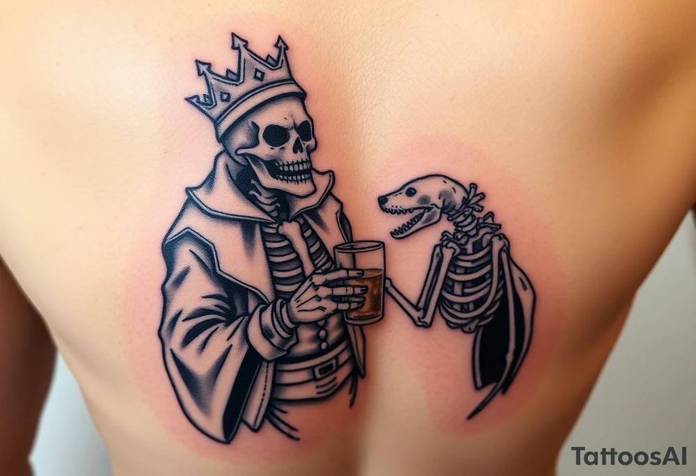 evil skeleton king in clothes having a good time getting drunk with skeleton dog tattoo idea