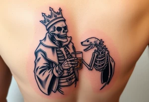 evil skeleton king in clothes having a good time getting drunk with skeleton dog tattoo idea