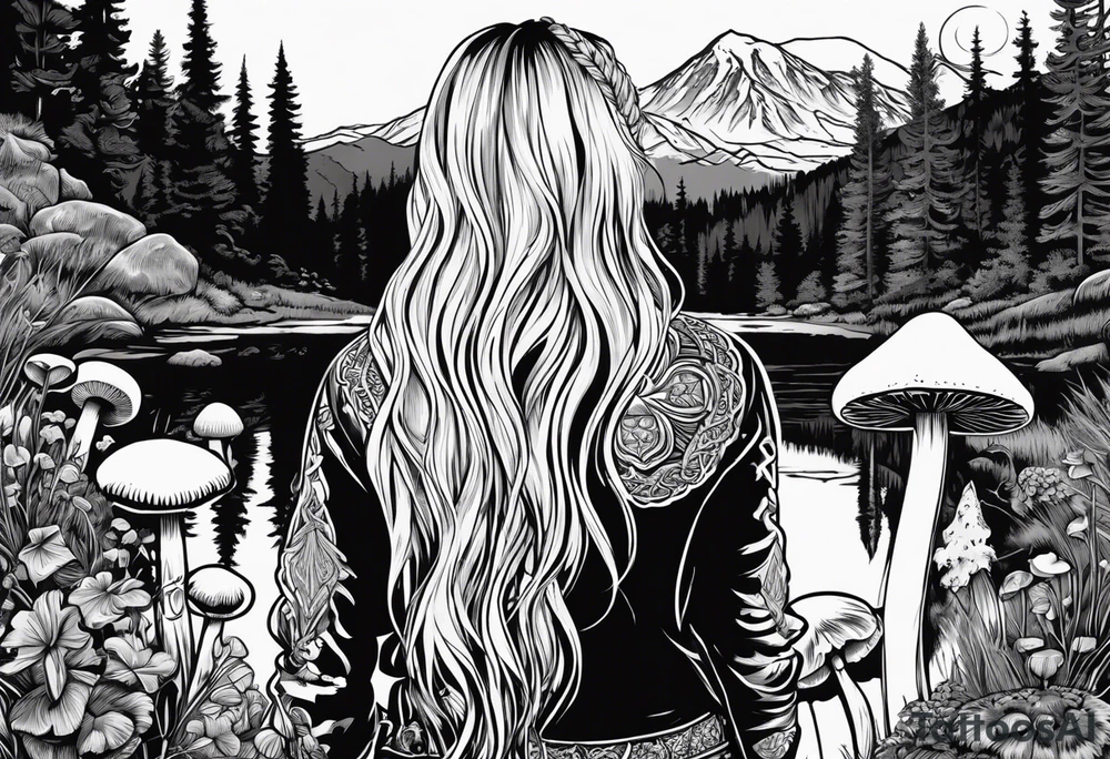 Whole picture encircled fully

Straight long blonde hair hippie girl in distance holding mushrooms in hand facing away toward mountains and creek surrounded by mushrooms long sleeve shirt and hiking pants; whole rendering within a full celtic circle, no cut off circle tattoo idea