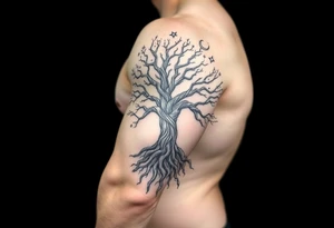 mystical tree of life with cosmic roots and celestial branches tattoo idea