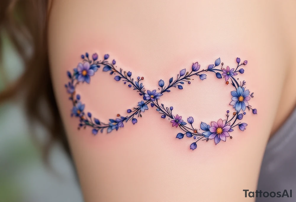 Floral infinity sign incorporating "Sofie – 8.6.2021 v 11:20" in lavender and soft beige. tattoo idea