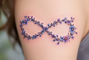 Floral infinity sign incorporating "Sofie – 8.6.2021 v 11:20" in lavender and soft beige. tattoo idea