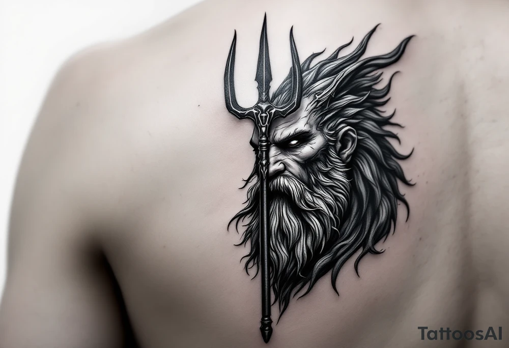 close-up gentle poseidon behind a trident tattoo idea