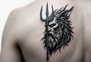 close-up gentle poseidon behind a trident tattoo idea