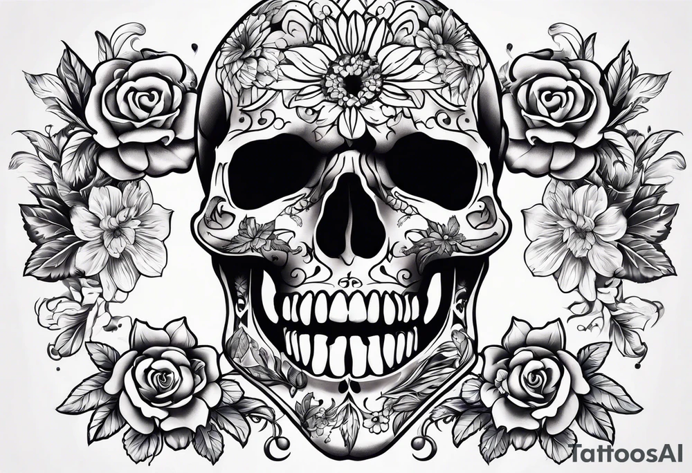 neck tattoo stencil of skull and flowers about pain and struggle in new school or polka trash style tattoo idea
