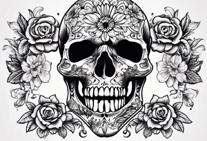neck tattoo stencil of skull and flowers about pain and struggle in new school or polka trash style tattoo idea
