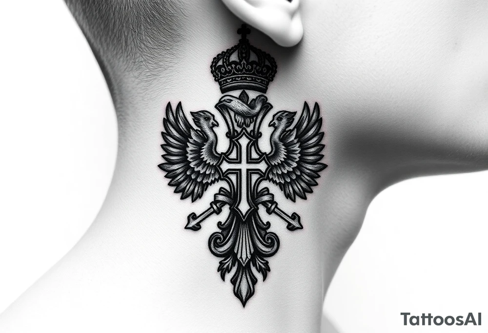 russian coat arms in a russian christian orthodox cross with the cross in the middle with a virgin mary & orthodox dome church on the side of the neck tattoo idea