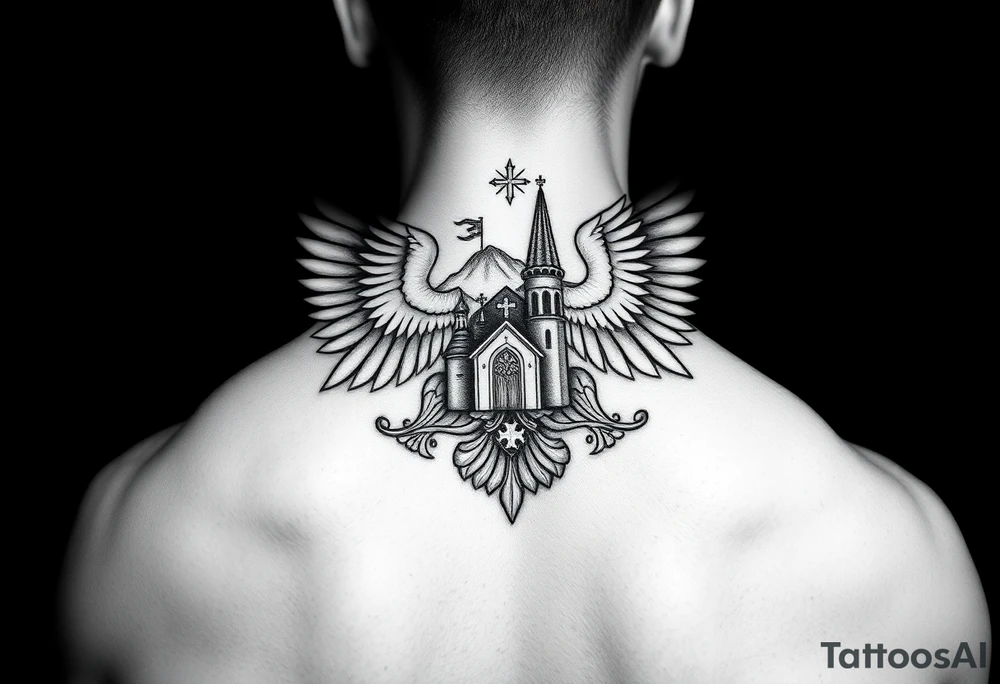 an actual russian coat of arms with the eagles wings spanning out on my back neck across my shoulders / traps with a orthodox christian church being visible in a mountainous sun beaming setting, with the russian orthodox cross spire of the orthodox church being visible on my neck with a sun beaming in the background that the cross sits inside tattoo idea