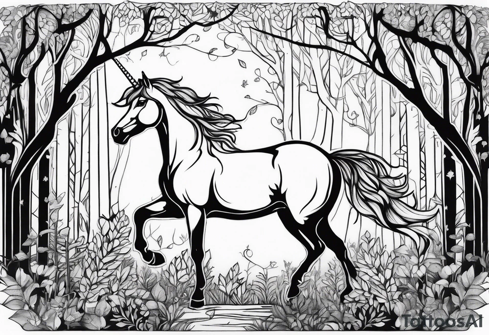 Unicorn in forest – Walking through an enchanted woodland. tattoo idea