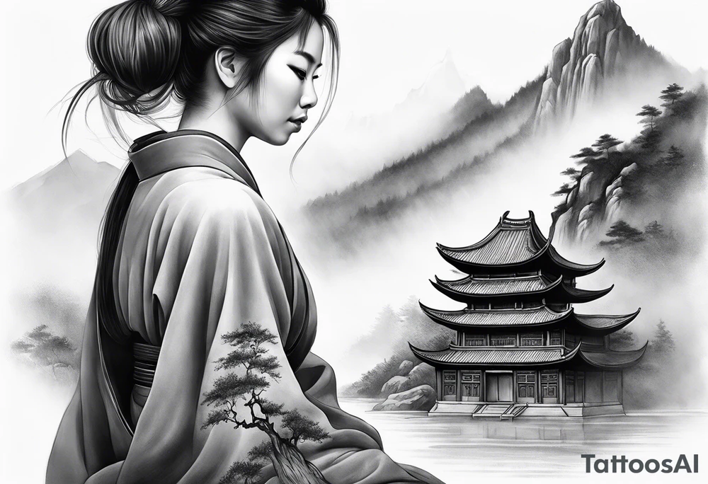 forearm sleeve traditional chinese art painting style autumn mountains mist fog water Chinese temple female with pony tail wearing robes seated meditating in the background tattoo idea