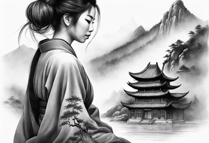 forearm sleeve traditional chinese art painting style autumn mountains mist fog water Chinese temple female with pony tail wearing robes seated meditating in the background tattoo idea