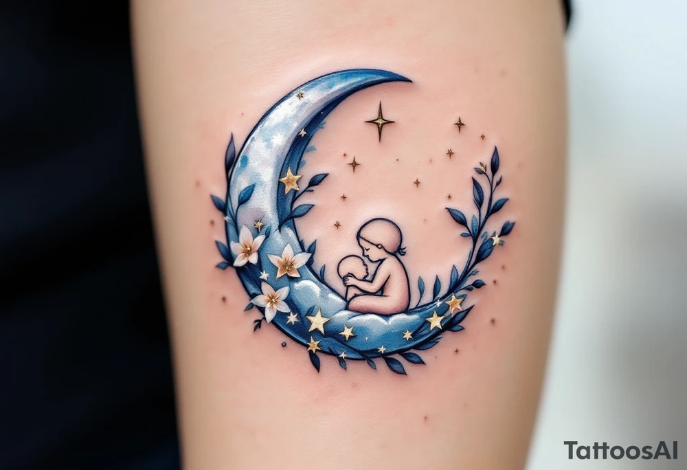 A crescent moon in silver with a mother and child nestled inside, surrounded by tiny gold stars, represents nighttime care and dreams. tattoo idea
