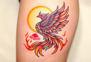 magnificent phoenix rising from flames with trailing embers pinks golds orange and yellows with a golden sunset and sky with puffy clouds and heaven backdrop tattoo idea