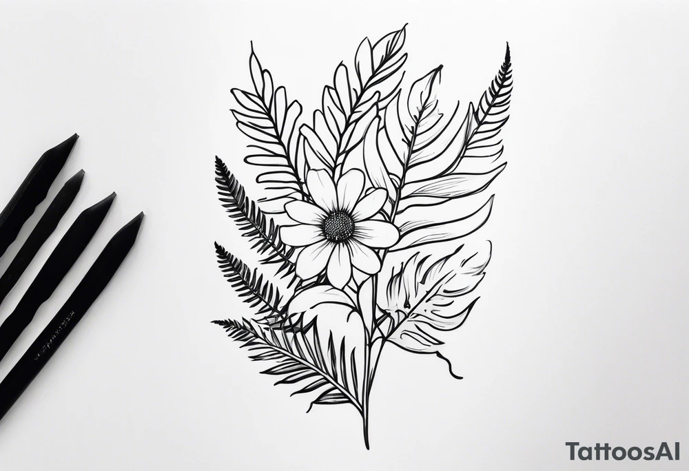 Flower, date, fern tattoo idea