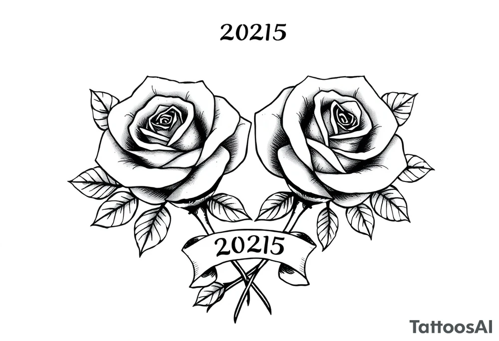 two beautiful rose buds, with many leaves and stems intertwined, representing two people in love. Include a small banner with "2025" on it.  The word "Rose" written in Kanji above the drawing.  Dark outlines tattoo idea