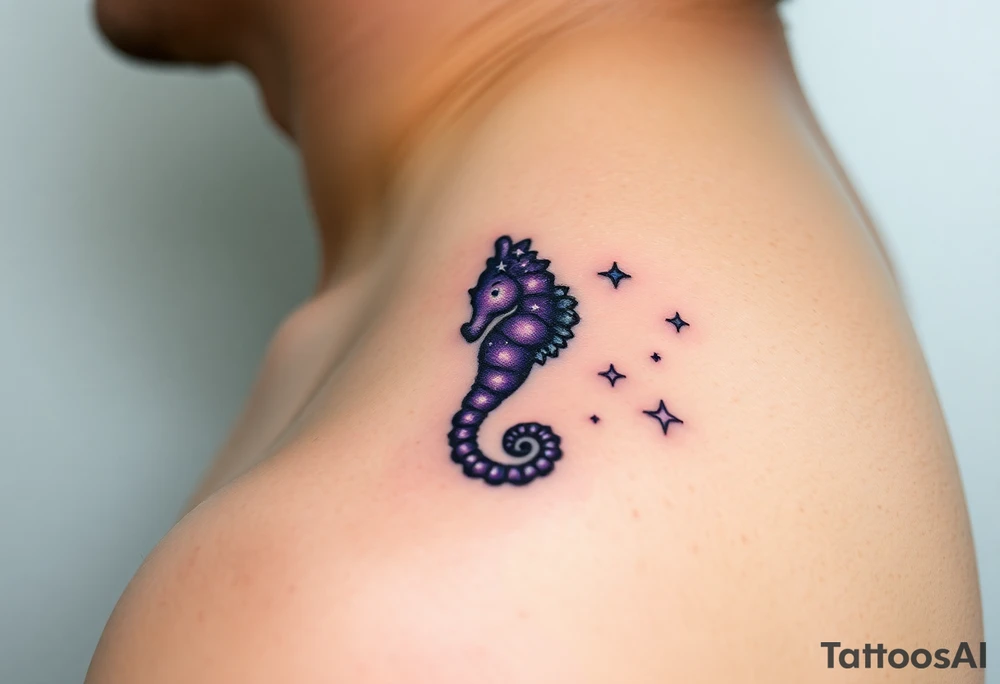 A celestial seahorse floating among the stars, its body made of constellations in purples and silvers. tattoo idea