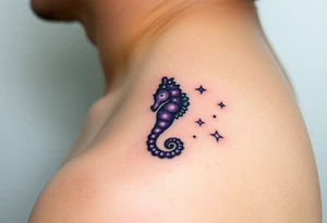 A celestial seahorse floating among the stars, its body made of constellations in purples and silvers. tattoo idea