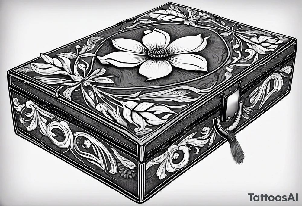 A simple vintage cigar box with a dogwood flower next to it as well as a lit cigar tattoo idea