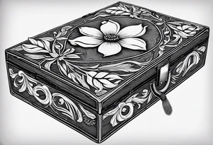 A simple vintage cigar box with a dogwood flower next to it as well as a lit cigar tattoo idea