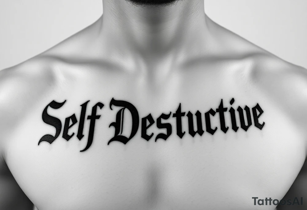 Outline of the words Self Destructive in a bold and thick gothic black letter font lettering across the chest tattoo idea