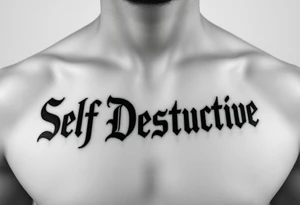 Outline of the words Self Destructive in a bold and thick gothic black letter font lettering across the chest tattoo idea