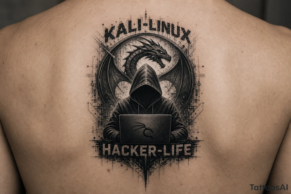 the kali linux dragon in the background of a hacker in black hoodie sitting behind a laptop hacking with the words Kali-Linux accross the top and Hacker-Life accross the bottom and the letters need to be in hacker colors tattoo idea