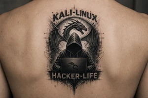 the kali linux dragon in the background of a hacker in black hoodie sitting behind a laptop hacking with the words Kali-Linux accross the top and Hacker-Life accross the bottom and the letters need to be in hacker colors tattoo idea