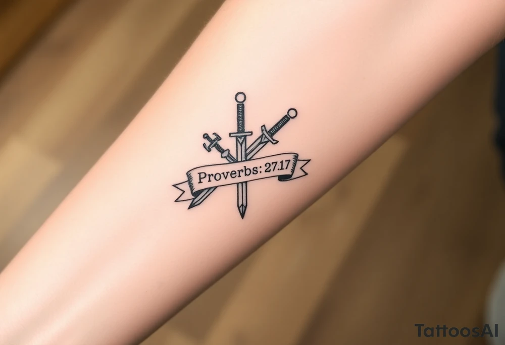Two swords laying flat in a forearm tattoo sketch style, with a flowing banner that reads “Proverbs 27:17” Black ink, simple and bold. tattoo idea