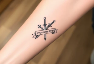Two swords laying flat in a forearm tattoo sketch style, with a flowing banner that reads “Proverbs 27:17” Black ink, simple and bold. tattoo idea