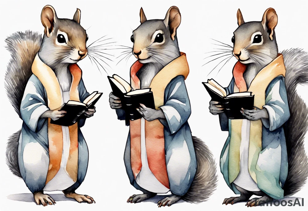 a grey squirrel dressed in a tunic holding a closed book tattoo idea