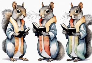 a grey squirrel dressed in a tunic holding a closed book tattoo idea