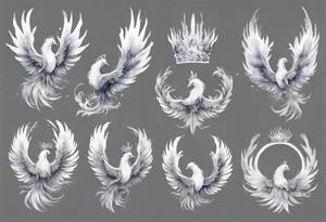 a white phoenix wearing a grey diadem crown tattoo idea