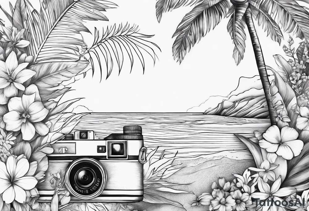 wave,, flower, palm, camera tattoo idea