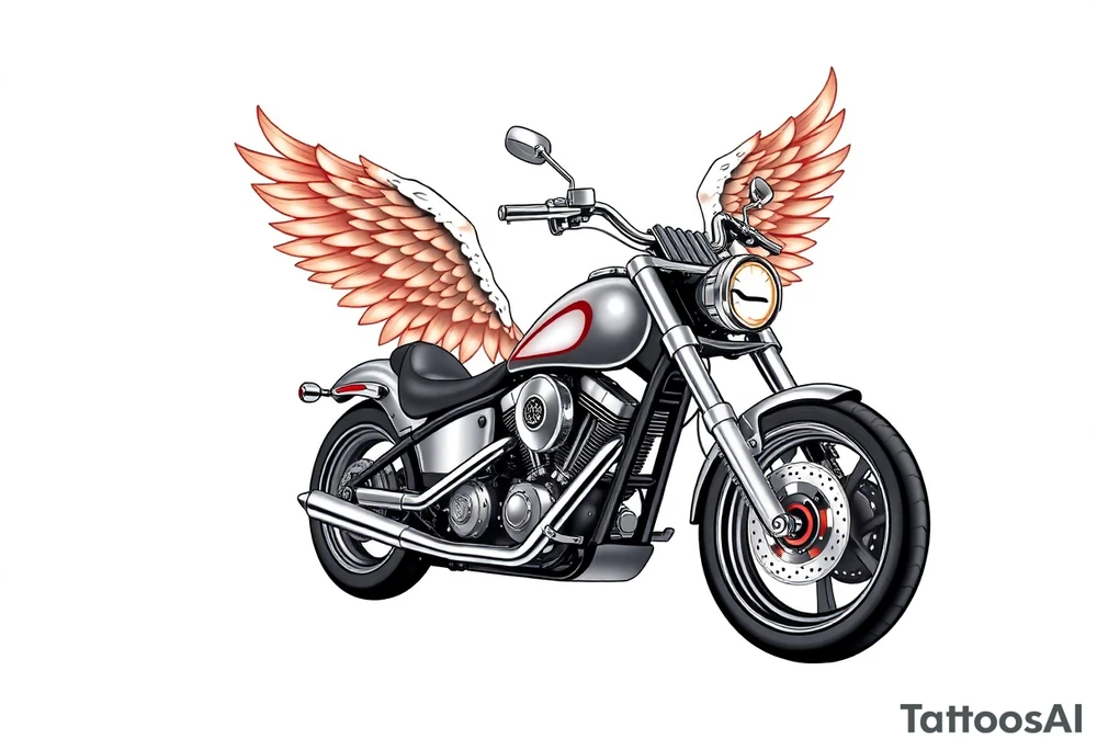Low rider grey motorcycle, big muffler pipes with flames, angel wings, driving away, no person tattoo idea